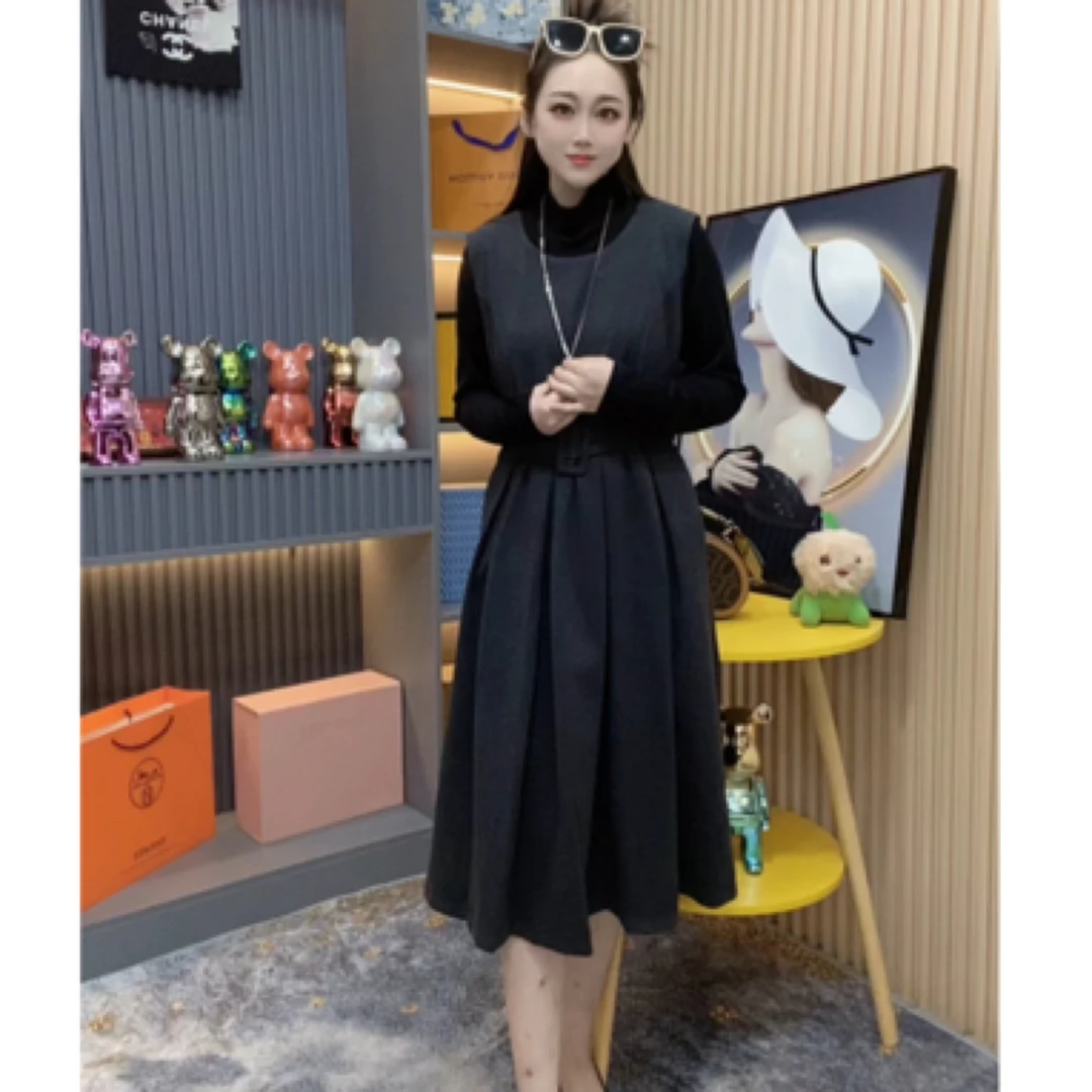 秋冬新款胖mm显瘦收腰气质打底衫过膝长款毛呢背带连衣裙两件套