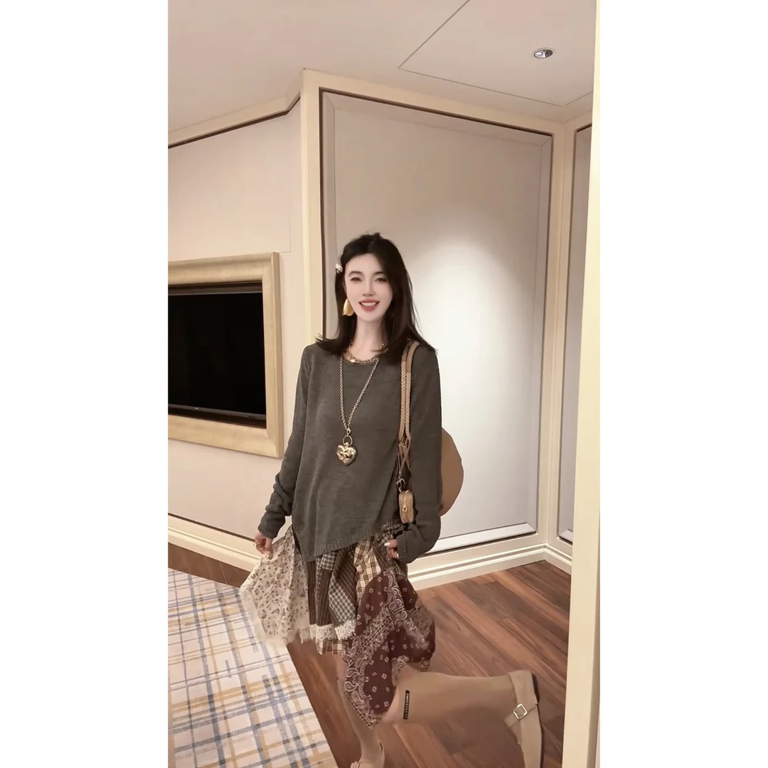 欧洲站春装女2025时尚百搭洋气针织衫+花色女神俏皮显瘦半身裙
