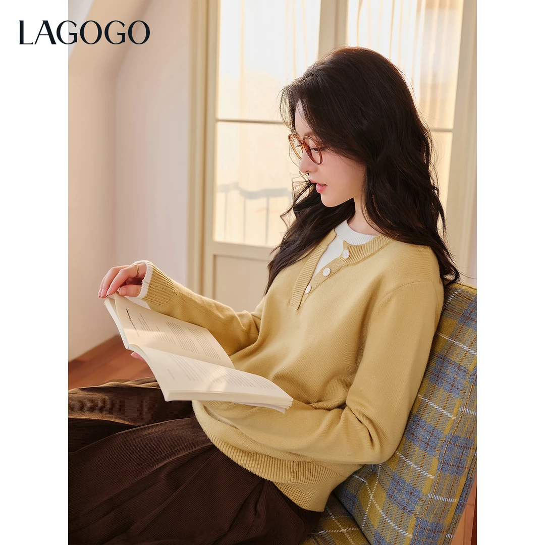 lagogo拉谷谷2025年新款治愈明媚黄色假两件针织女OCMM459G95