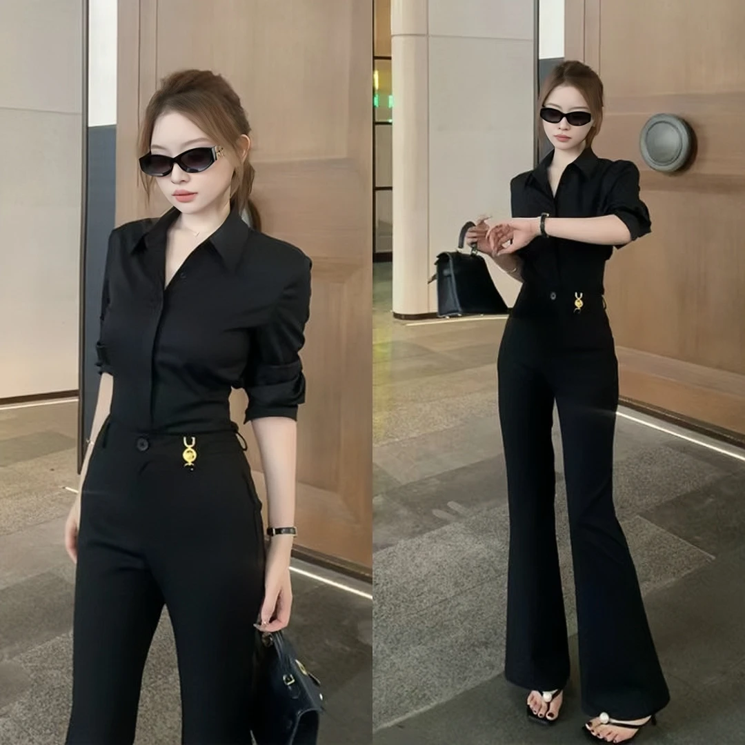 2025秋季新款气质百搭显瘦高腰微喇西裤+气质通勤职场长袖衬衫女