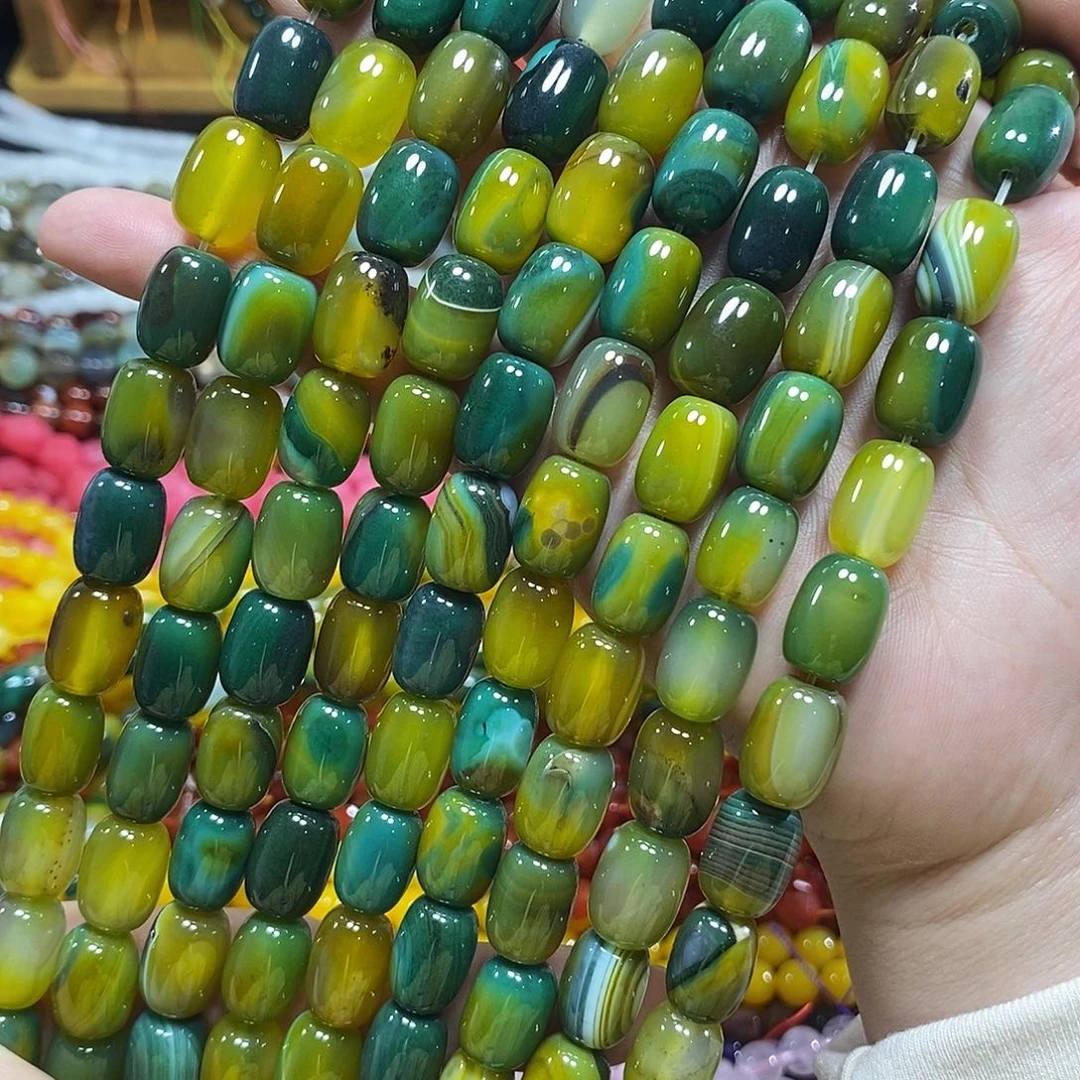 玛瑙/玉髓未镶嵌珠宝半成品孔雀玛瑙桶珠一条卡10*14mm