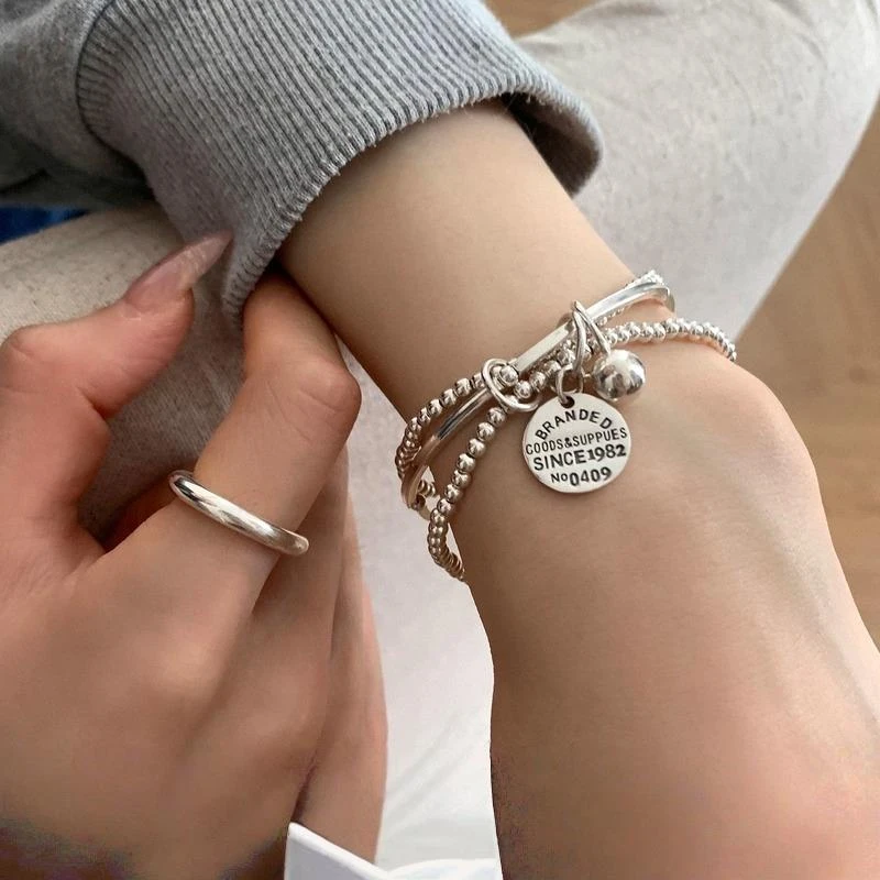 CIOEM KOUIM 925银手链 简约纯银三层圆牌手链女轻奢小众精致百搭