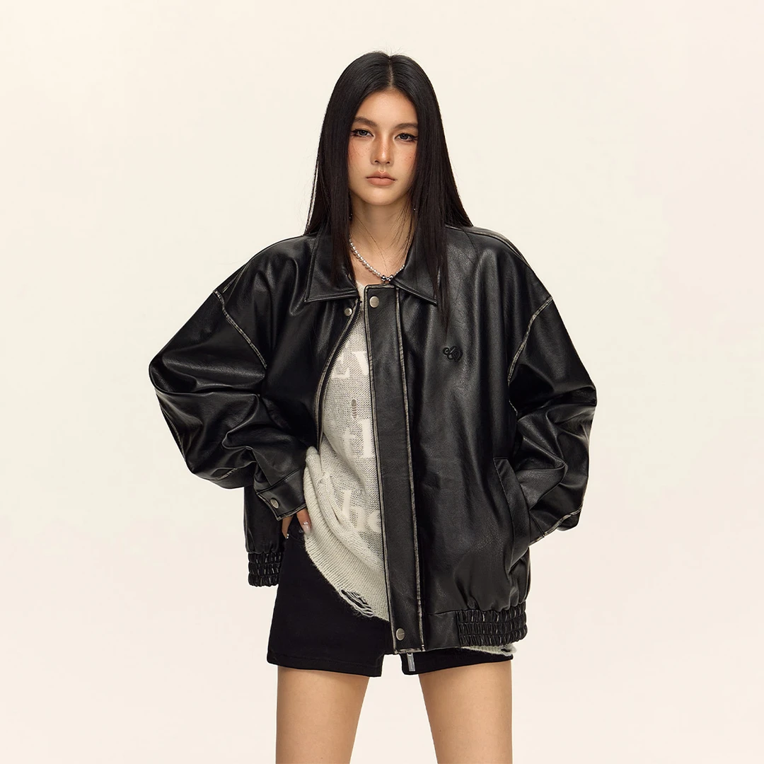 CLIMAX VISION环保PU皮手工擦色复古刺绣皮夹克男女同款皮衣外套