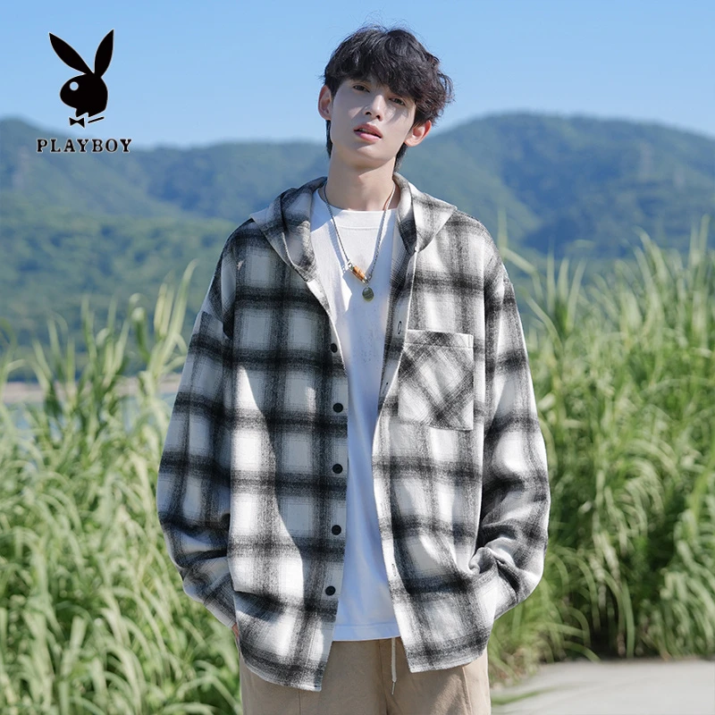 花花公子美式格子连帽衬衫男秋季宽松外套慵懒风潮牌休闲大码上衣