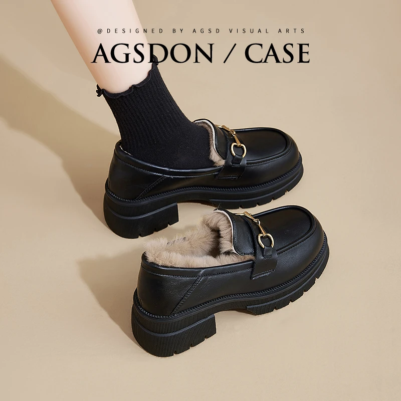 奥古狮登加绒乐福鞋女冬季新款一脚蹬毛毛英伦风小皮鞋保暖棉鞋xx