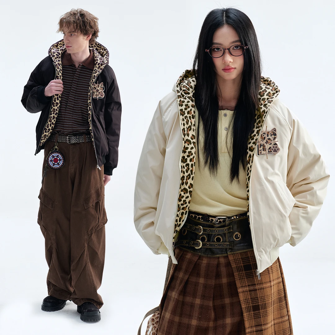 BIPOLAR豹纹贴布时尚潮牌休闲宽松冬季保暖情侣连帽棉服 22S358