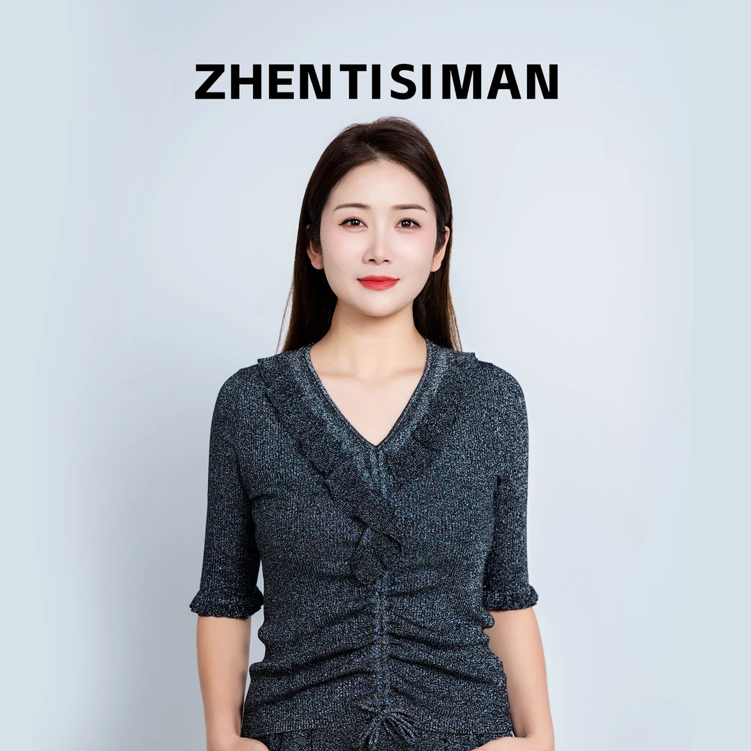 ZHENTISIMAN/TA5028/时尚v领水晶纱荷叶领气质百搭高级显瘦套头衫