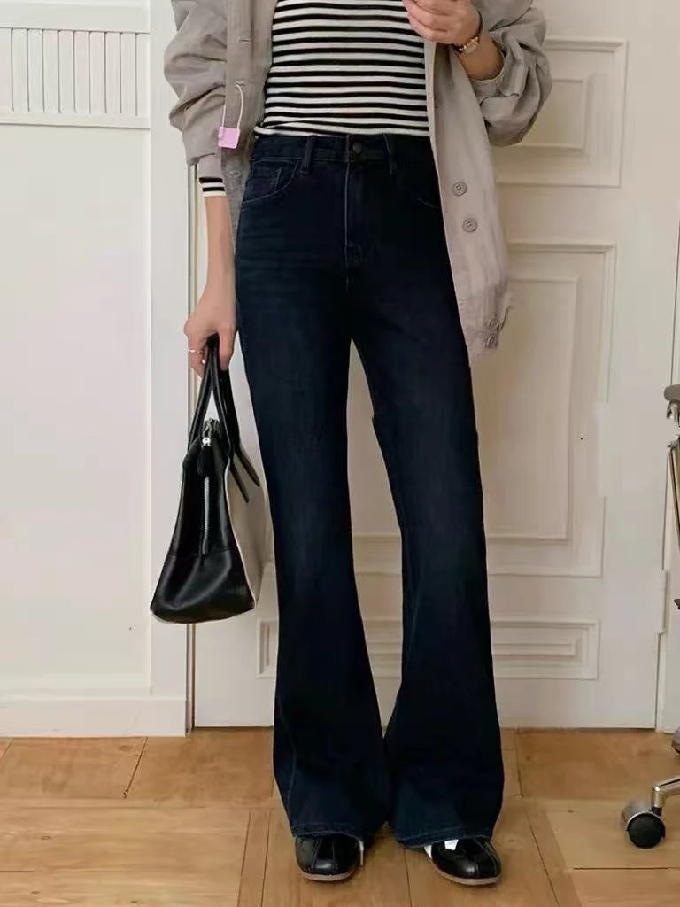 SU【383-1】代F 愫杨 牛仔裤女深色加绒高腰显瘦十分长喇叭裤拖地裤
