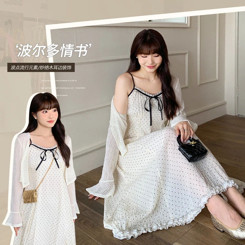 复古波点吊带V领连衣裙夏季大码胖mm结显瘦木耳花边裙子62990