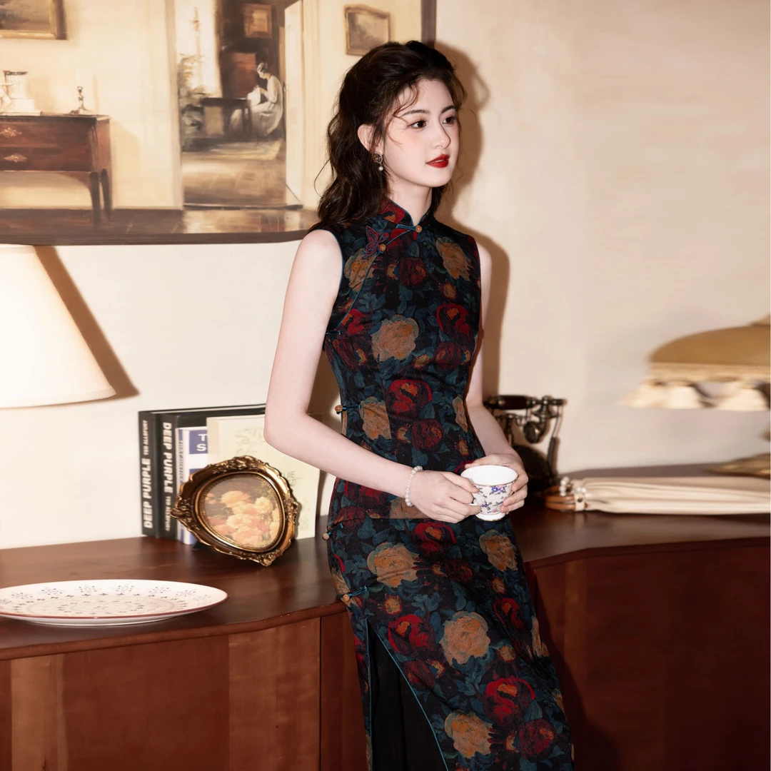 【花迪】春夏年轻少女新款无袖复古港风中式旗袍时尚显瘦日常走秀服