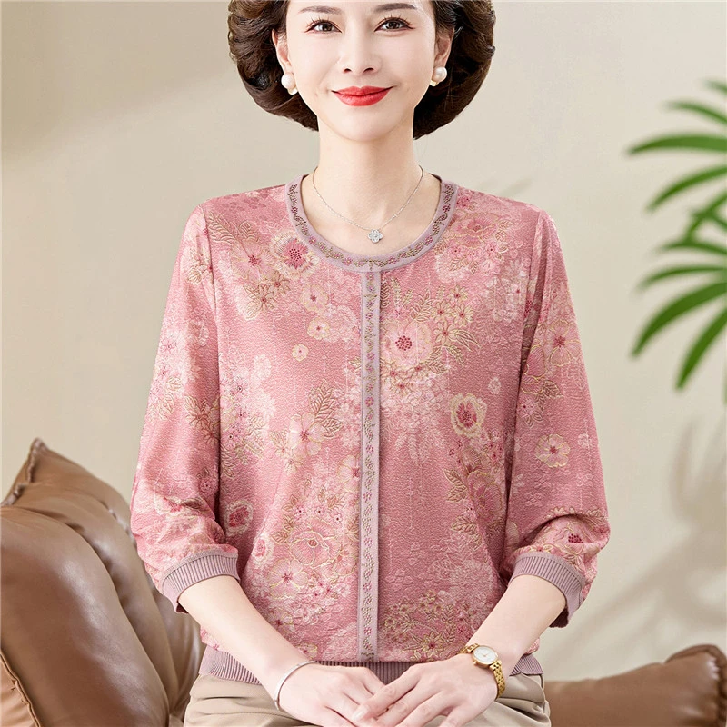 妈妈装春装T恤七分袖小衫中老年人女母亲节衣服夏装时髦上衣薄款