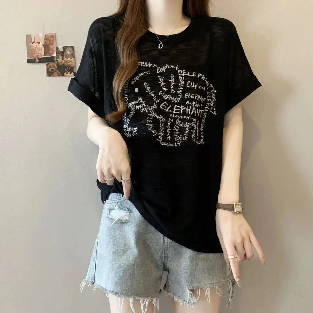 丽丽家~大象黑短袖显瘦时尚薄款圆领宽松韩版上衣282