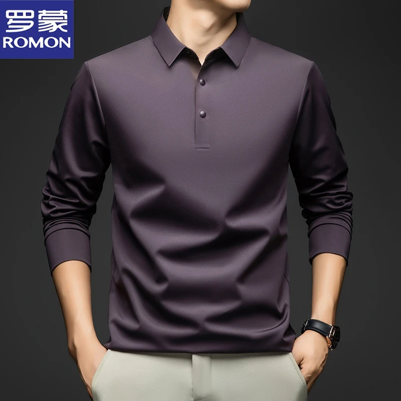 罗蒙秋季含桑蚕丝长袖T恤超声波撞色门襟无痕免烫男士商务polo衫