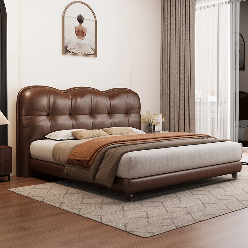复古风皮床法式侘寂风主卧室高端大气1米8双人床现代简约软包床
