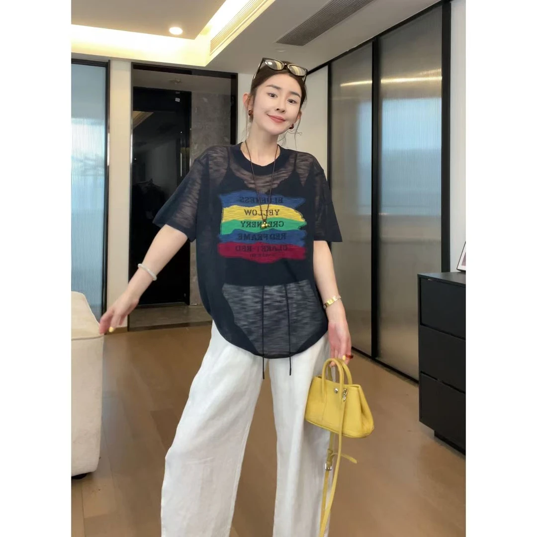 玖了个玖 2025夏款 极简百搭彩虹字母竹节棉短袖T恤 2506C3111