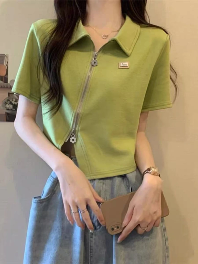 【黄】2025年夏季新款潮流韩版百搭女装拉链款T恤（非看直播勿拍）