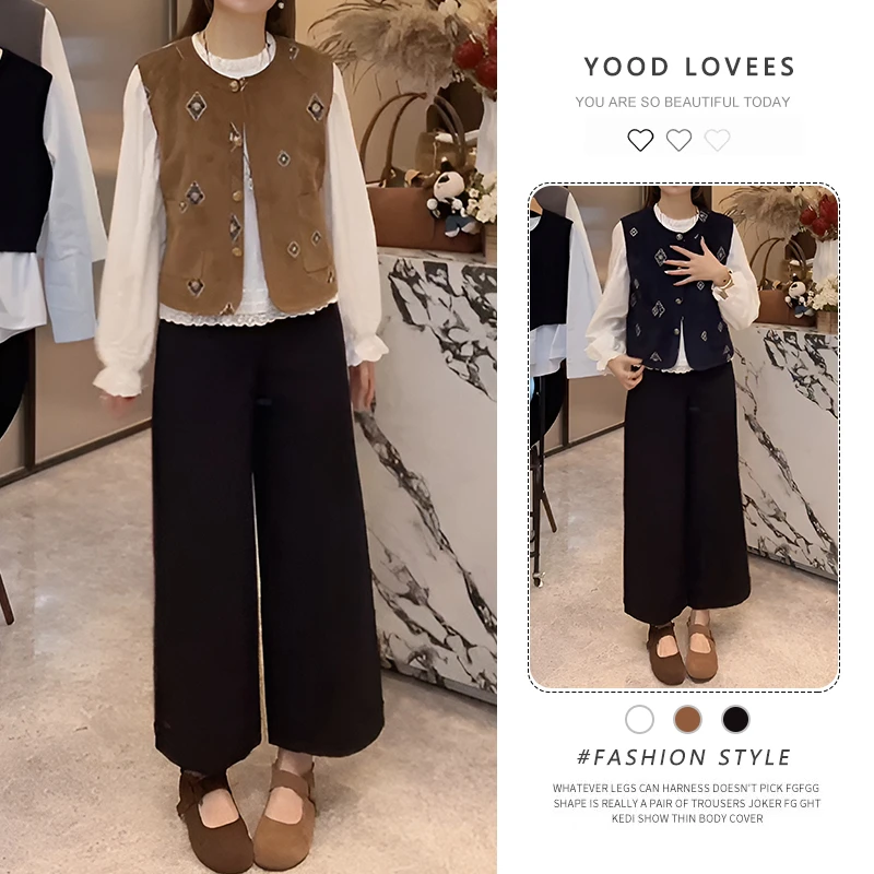 休闲气质印花马甲衬衫上衣气质直筒裤女2025春秋新款高级感三件套