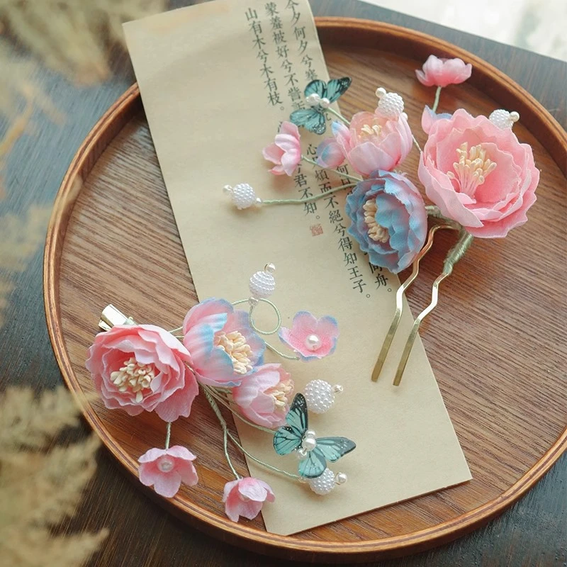 汉服发饰【粉黛盈盈】甜美粉色发夹女仙手工仿绒布花朵古风头饰发钗