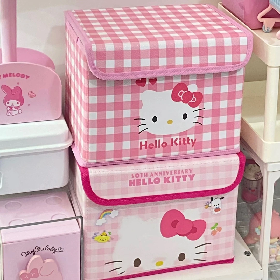 ins风kitty格子收纳筐桌面收纳盒寝室化妆品整理文具杂物防尘带盖