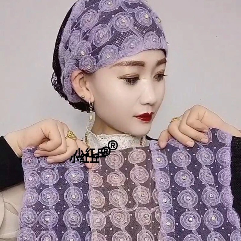 穆斯女士夏季新款玫瑰钉珠蕾丝花帽纱巾回族时尚防晒居家盖包头巾