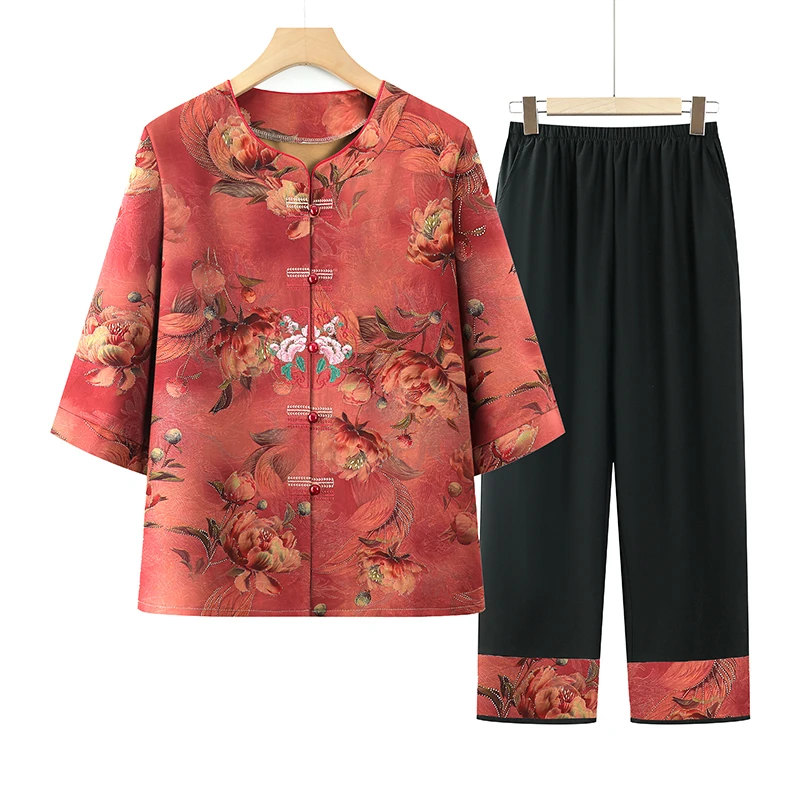 中老年人新中式女装衬衫奶奶夏季中袖妈妈国风新款老太太两件套装