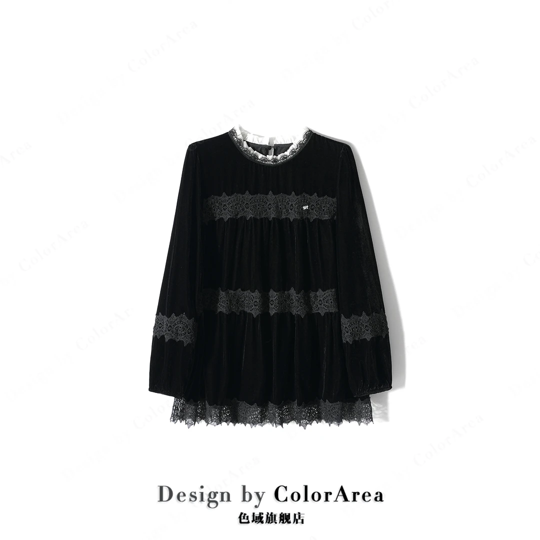 ColorArea/色域2025春新款木耳立领蕾丝宽松显瘦百搭时尚丝绒上衣