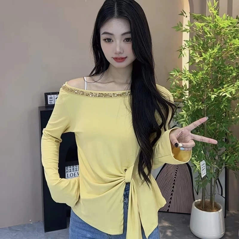 珠片手做纯色长袖千金风染色烫钻T恤气质内搭时尚百搭秋季ins春夏