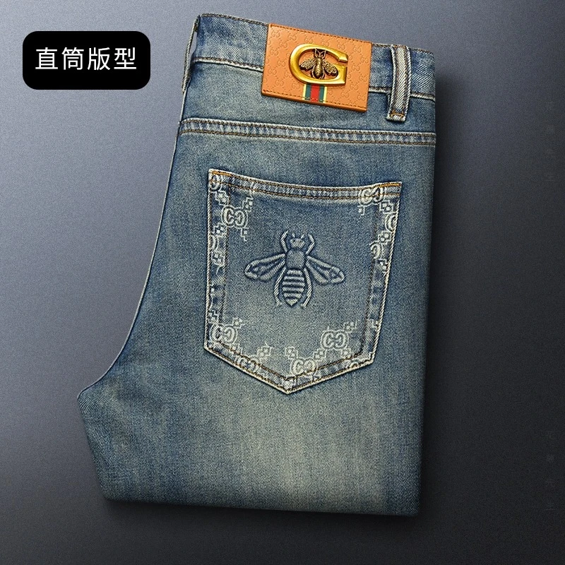 夏季薄款高端复古直筒小蜜蜂牛仔裤男2025新款潮牌宽松长裤休闲裤