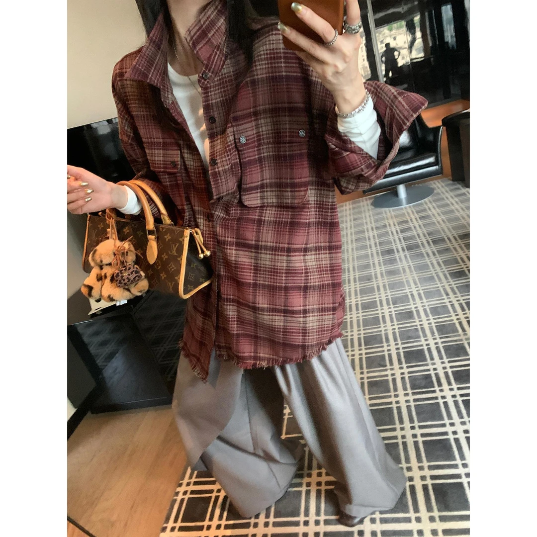 区区欧阳格子毛边衬衫外套女秋季新款宽松复古衬衣设计感小众上衣