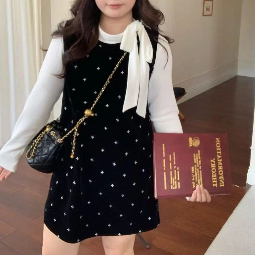 微胖法式大码女装丝绒连衣裙女秋季新款胖mm碎花背心无袖短裙