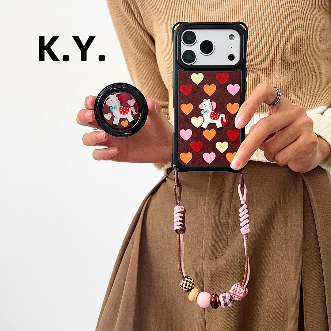 爱心小马磁吸旋转支架手机壳带挂绳可背手提斜跨适用于苹果17华为