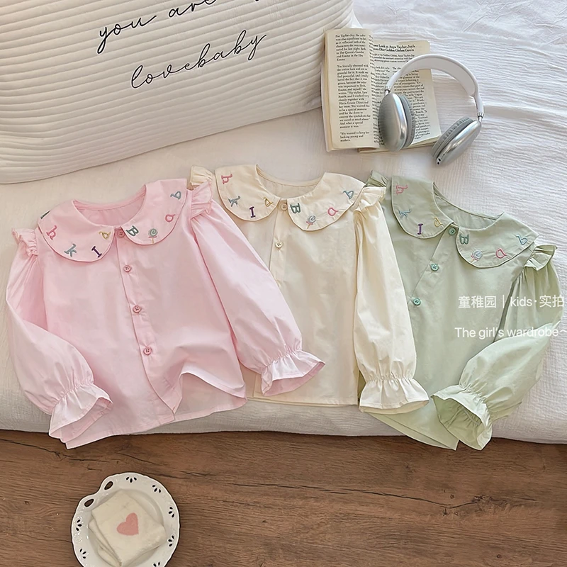 儿童女童春秋季新款洋气甜美彩色刺绣字母娃娃衫花边欧若风童装