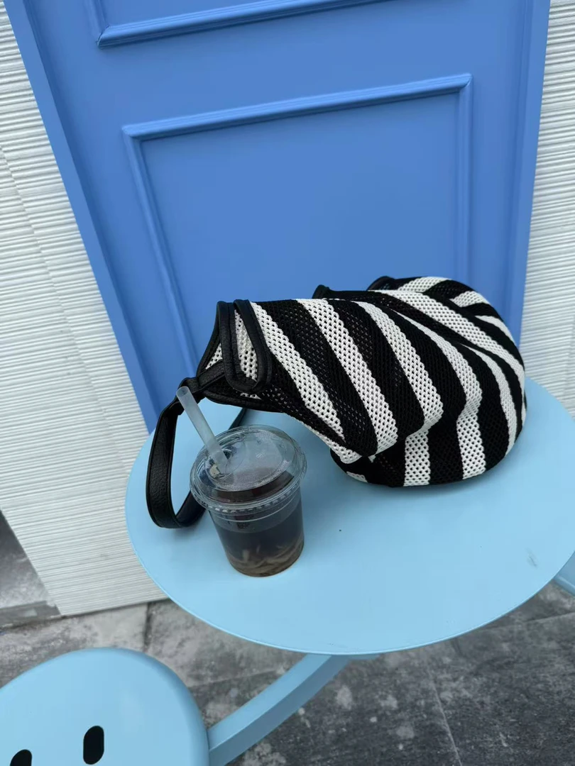 ManMan、敞口ins风条纹编织托特包单肩包布包