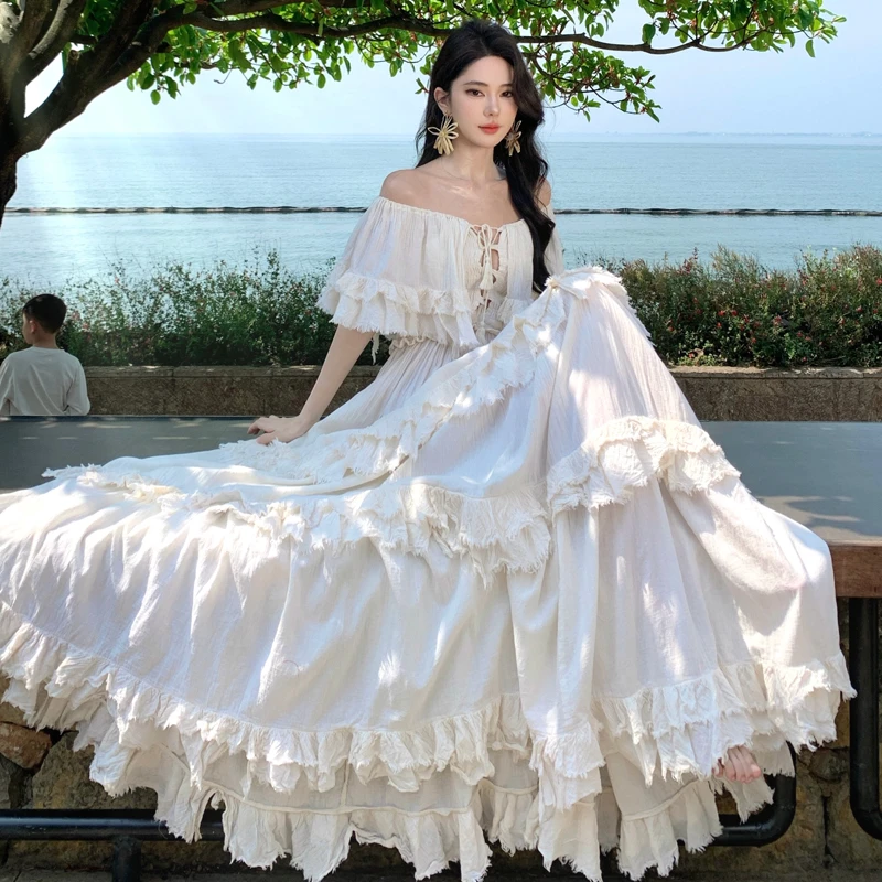 一字肩超大摆前后两穿重工连衣裙度假仙女裙