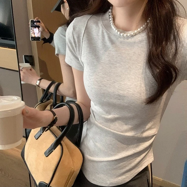 韩版爆款鱼骨线显瘦正肩收腰短袖T恤