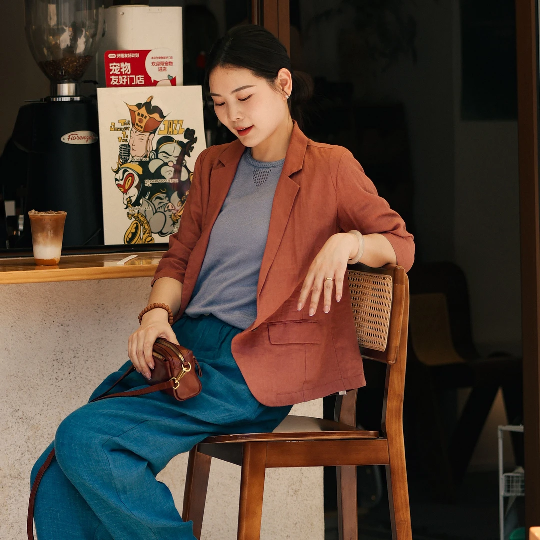 PJ25ZYW20 西柚 14支水洗全亚麻肌理感薄款西服女西装外套上衣夏