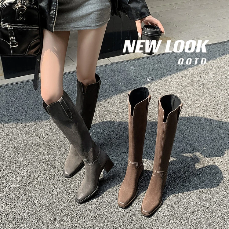 牛翻皮瘦腿靴2025秋冬季新款真皮高筒女靴子高跟骑士靴长筒瘦瘦靴