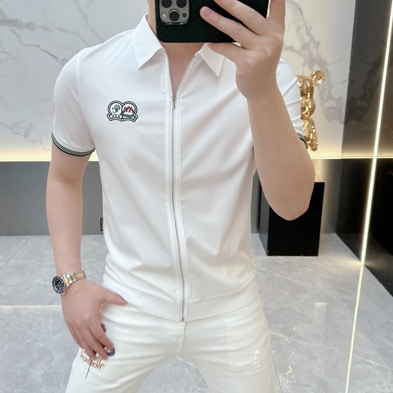 冰希高端.轻奢高端男士翻领T恤时尚百搭拉链开衫短袖2025夏季新款