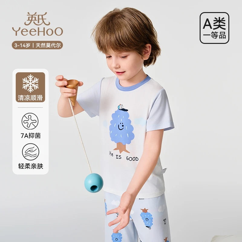 英氏儿童睡衣男童女童2025新款夏季短袖短裤家居服薄款空调服套装