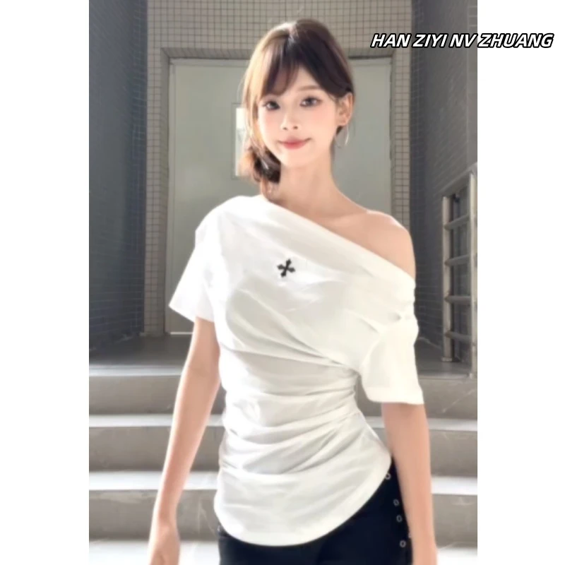 设计感小众斜肩纯棉短袖t恤女夏季新款辣妹修身显瘦短款半袖上衣