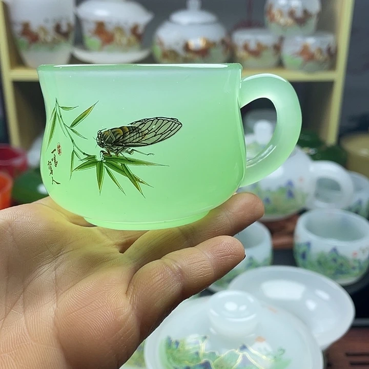 手工艺品琉璃玉瓷琉璃茶杯咖啡杯带手柄