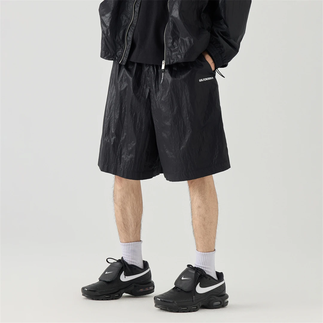 GOLFCROSS 褶皱亮面字母Logo油墨印花运动宽松直筒五分休闲短裤