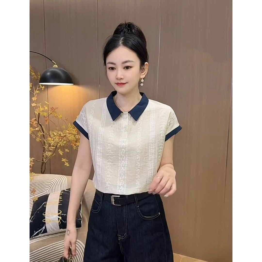 【6253】新品凉感撞色拼接显瘦衬衫上衣（微透穿浅色内衣）