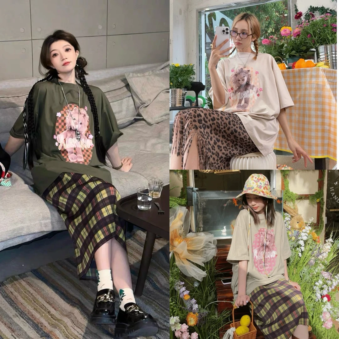 设计师品牌~2025夏季新款可爱甜美小莎彩钻印花休闲宽松T恤短袖