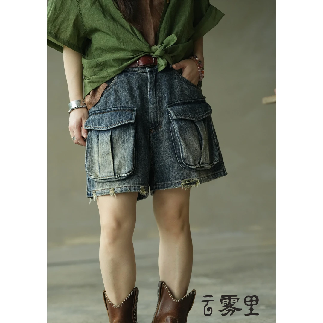 云雾里 原创设计复古文艺松弛感宽松休闲随性纯棉牛仔短裤 5181