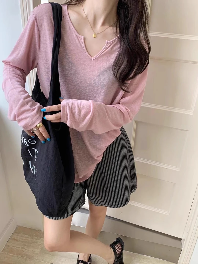 冰感莱赛尔雪花棉防晒罩衫女夏季薄款v领空调衫慵懒风长袖微透T恤