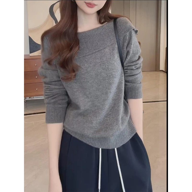 大码女装胖MM韩系一字领长袖针织衫女秋冬宽松百搭慵懒风内搭上衣