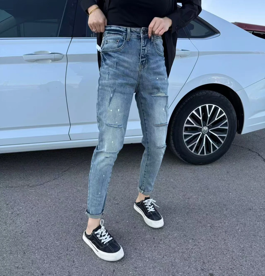 丽宝男装高品质春夏蓝灰色破洞甩漆修身小脚牛仔裤（9518）