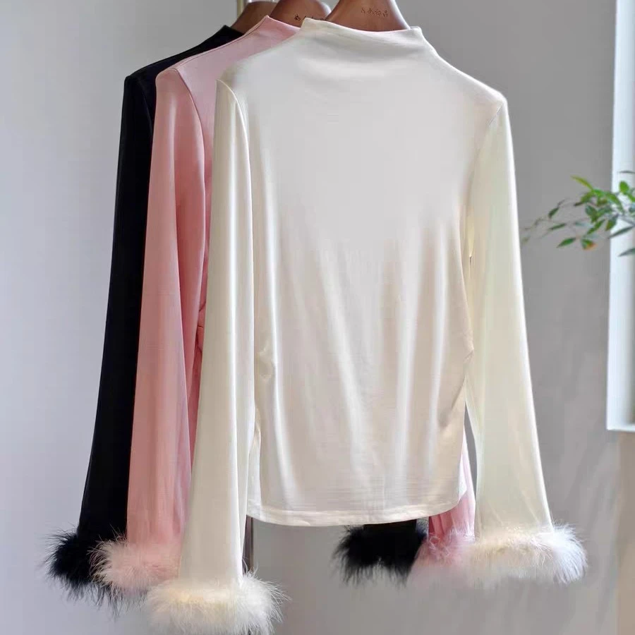 新中式高领毛毛袖打底衫2025冬季新款国风时尚内搭上衣女气质显瘦