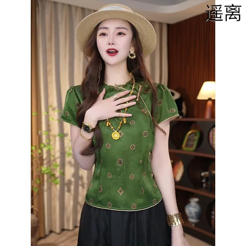 2025夏季新中式国风绿色印花圆领短袖T春游出行衣服棉麻上衣新国